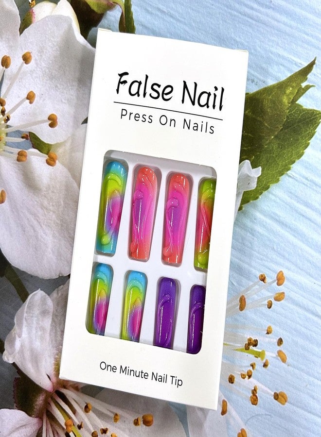 CJDLTS 3D Stereoscopic French Press on Nails - Long Square Coffin Colorful False Full Cover Artificial Acrylic Stick on DIY Glue on for Women - Manicure Kit 24Pcs - Image 5